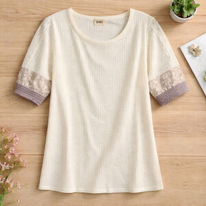 0241 ***BIBI*** Size XL Textured white short sleeve shirt with lace on sleeves.